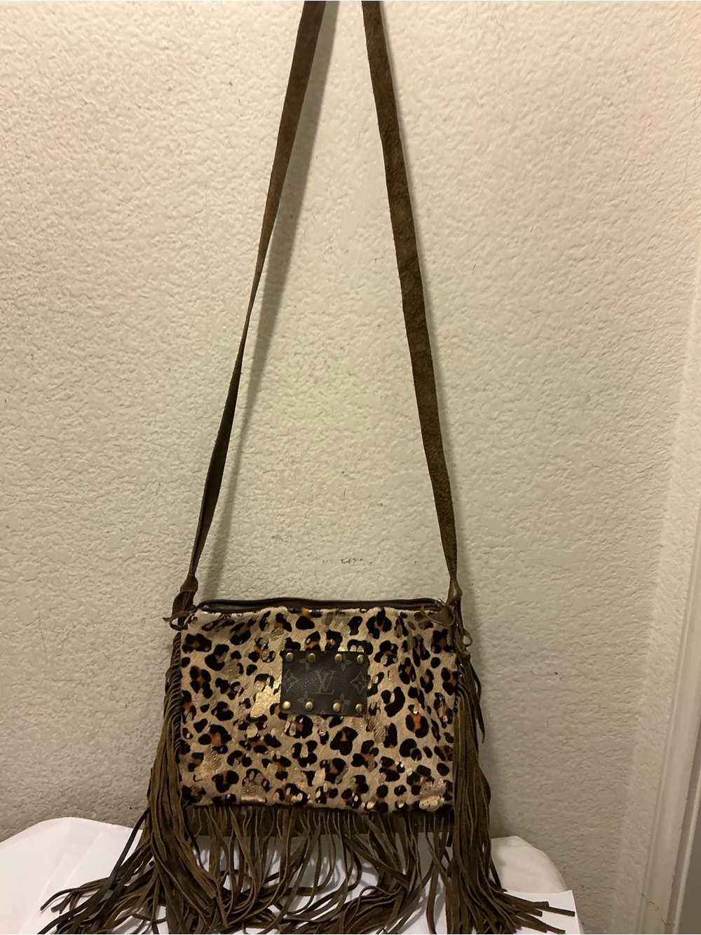 Leopard Print Fringe Crossbody Bag - Brown